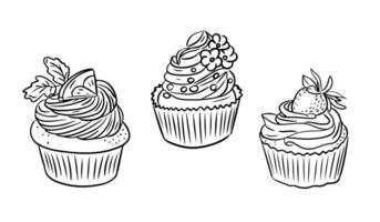 Hand drawn black and white illustration of three cupcakes, each uniquely decorated with fruits, flowers, and creamy swirls. Drawing isolated on white background for coloring pages vector