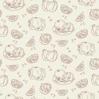 Seamless pattern with outline hand drawn pomegranate doodles, including whole fruits, slices, and scattered seeds in vintage, minimalist style on beige background vector