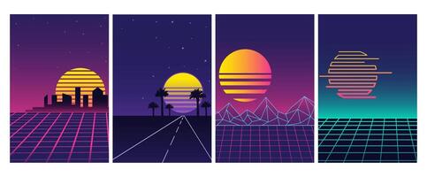 Set of four retro futuristic vaporwave posters with neon grids, geometric mountains, silhouetted cityscapes, palm trees, and vibrant gradient sunsets. Vertical abstract banners with copy space vector