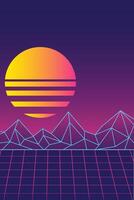 Retro futuristic vaporwave landscape with neon grid, geometric mountains, and a vibrant sunset gradient sky. Nostalgia vertical abstract poster with copy space vector