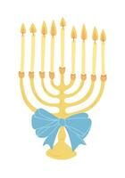 Golden menorah with nine lit candles and decorative blue bow, symbolizing Hanukkah celebration. hand drawn drawing isolated on white background vector