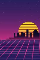 Retro futuristic vaporwave cityscape with neon grid, silhouetted skyline, and striped sunset under starry sky. Nostalgia vertical abstract poster with copy space vector