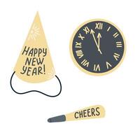 New Year celebration set with festive party hat, clock showing midnight, and cheerful noisemaker labeled Cheers in minimalist style. hand drawn drawing isolated on white background vector