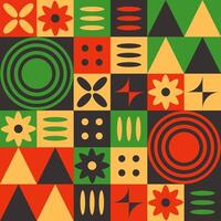 Bold geometric seamless pattern with vibrant red, green, yellow, and black colors with abstract shapes, symbolizing African cultural heritage and unity vector