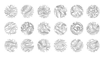 Circular wood rings or topographic map lines texture set. Wood tree topographic abstract lines collection vector
