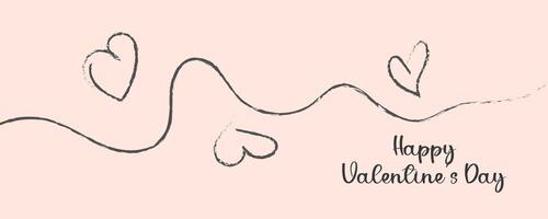 Valentine's Day banner design with One Line Drawing and handwritten hearts vector
