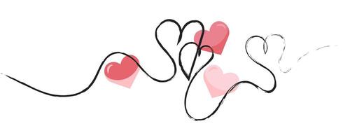 One Continuous Line Drawing into a heart. Valentines day concept with three hearths vector