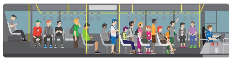 a number of people standing and sitting inside of a moving city bus with its driver vector