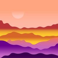 Abstract gradient artwork showcasing a vibrant sunset over layered terrain shapes in warm and serene tones. Ideal for conveying relaxation, peacefulness, and minimalistic artistic design concepts. vector