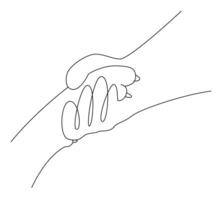 Hand and dog paw holding each other, Close up of dog shaking hands with her owner line art vector