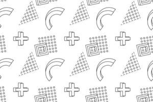 Black-and-white seamless pattern featuring plus signs, semicircles, triangles, squares, and dotted elements for coloring. vector