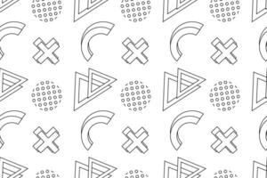 lack-and-white seamless pattern featuring triangles, crosses, semicircles, and dotted circles for children coloring. vector