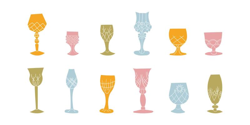 Set of festive glasses for alcoholic cocktails of different forms. Decorative elegant faceted glasses on legs . New Year's stickers of the holiday and fun. Container for drink .