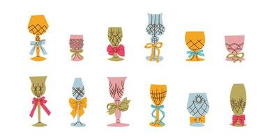 Set of festive glasses for alcoholic cocktails of different forms. Decorative elegant faceted glasses on legs with ribbons and bows. New Year's stickers of the holiday and fun. Container for drink . vector