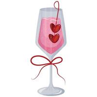 rectangular wine glass icon with pink drink and berries in heart shape and red bow, valentines day design vector
