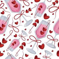 seamless pattern with wine glasses and rectangular wine glass with pink drink and berries in the shape of hearts and red bows, design for valentine's day vector