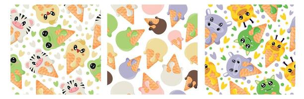set of three seamless patterns of various ice creams in different colors and also ice creams with various animal designs on light colors vector