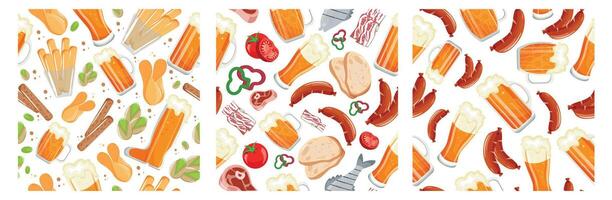 set of three seamless patterns with a variety of food, namely a variety of appetizers, snacks, meat, fish and barbecue and variety beer on light backgrounds vector
