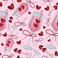 seamless pattern with rectabgular wine glasses, pink champagne, berries in the shape of a heart and bows on a light pink background for Valentine's Day vector