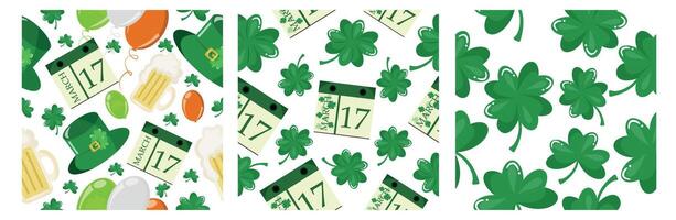 set of three seamless patterns for St. Patrick's Day with different leprechaun hats, four-leaf clovers and calendars on different backgrounds vector