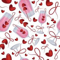 seamless pattern with wine glasses, pink champagne, berries in the shape of a heart and bows for Valentine's Day vector