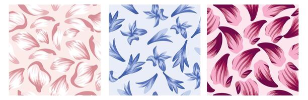 set of three seamless patterns with flower petals namely magnolia, pink lily and blue cornflower petals vector