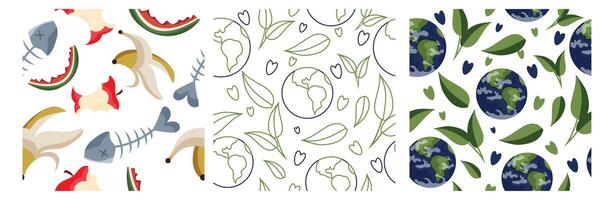 set of three seamless patterns with planets earth and various garbage for environment day vector