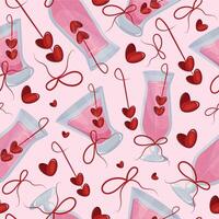 seamless pattern with round cocktails glasses and long cocktail glass with pink drink and berries in the shape of hearts and red bows on a pink background, design for valentine's day vector
