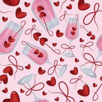 seamless pattern with wine glasses, pink champagne, berries in the shape of a heart and bows on a light pink background for Valentine's Day vector