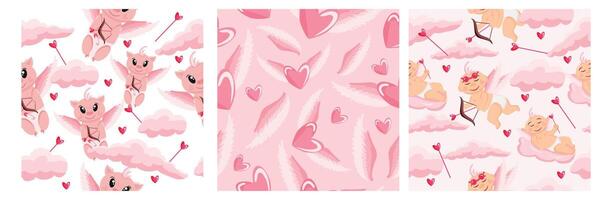 set of three valentines day seamless patterns with different cupids among pink clouds and different hearts with white wings vector