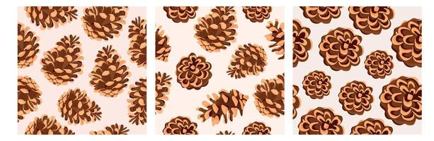 set of three seamless patterns with Christmas plant icons of pine cones of different sizes and shapes vector