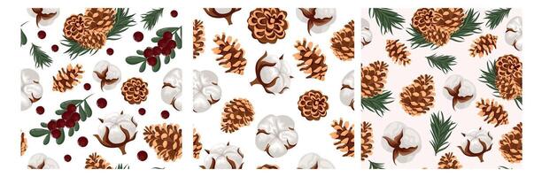 set of three seamless patterns with New Year icons of plants, namely various cones, cotton flowers and red berries on colorful backgrounds vector
