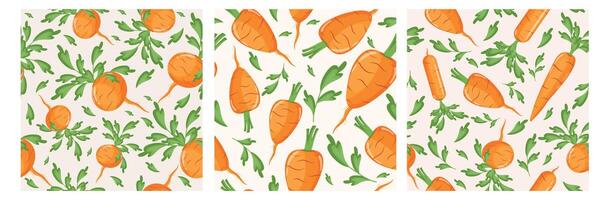 set of three seamless patterns with vegetables, namely carrots of different shapes and sizes on a light background vector