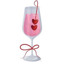 wine glass icon with pink drink and berries in heart shape and red bow, valentines day design vector