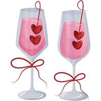 set wine glass icon with pink drink and berries in heart shape and red bow, valentines day design vector