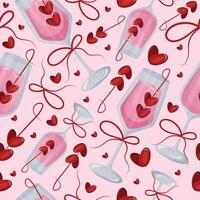 seamless pattern with wine glasses and rectangular wine glass with pink drink and berries in the shape of hearts and red bows on a pink background, design for valentine's day vector
