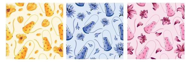 set of three seamless patterns with colorful watering cans for watering plants and various flower buds on colorful backgrounds vector