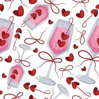 seamless pattern with rectangular wine glasses, pink champagne, berries in the shape of a heart and bows for Valentine's Day vector