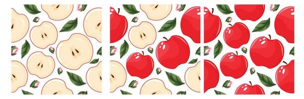 set of three seamless patterns with various pieces of red apples and apple blossom flowers on a white background vector