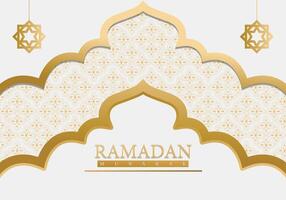 Ramadan Mubarak greeting card featuring a gold pattern. Minimalist decorative Islamic patterns, and a clean, elegant white and gold theme. Perfect for invitations, marketing materials, and celebration vector