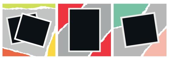 Set of photographic prints with cut and torn paper. Blank photo frames vector