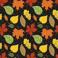 Autumn pattern with leaves on a dark background. Seamless pattern.Illustration in flat hand drawn style. vector