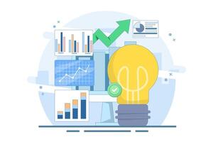 Analyzing Data Concepts, Creating New Ideas. Working on New Startups, Business Missions, Creative Ideas and Analysis. Researching new creative ideas. Flat Illustrations in Background. vector
