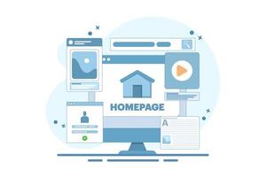 Homepage concept, web page design on laptop. Working on website homepage development, optimization and setup. Modern flat cartoon style. Flat design illustration on background. vector