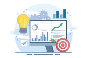 Business Chart Report on Laptop and Target Arrow. Analyst analyzing financial charts and graphs. Business Marketing Dashboard Concept. Profit optimization. Flat illustration on background. vector