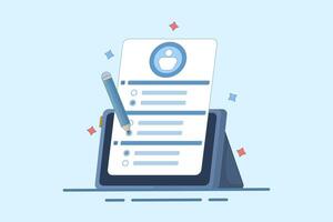 questionnaire concept. questions and answers. device with survey form using pencil. Filling or answering survey or questionnaire. flat illustration on background. vector
