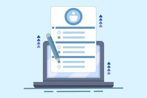 questionnaire concept. questions and answers. Filling or answering a survey or questionnaire. device with survey form using pencil. flat illustration. vector