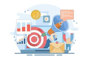 Online digital marketing concept, Online advertising and promotion campaigns in mobile applications, advertising content on social networks. Website illustration with flat design in the background. vector