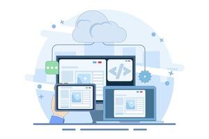 Cloud based web hosting concept, Website hosted on cloud server, Backup file upload technology on cloud server storage. Cloud hosting for websites and applications, Flat design illustration. vector