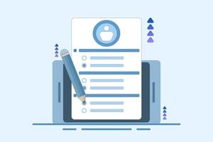 questionnaire concept. questions and answers. device with survey form using pencil. Filling or answering survey or questionnaire. flat illustration. vector